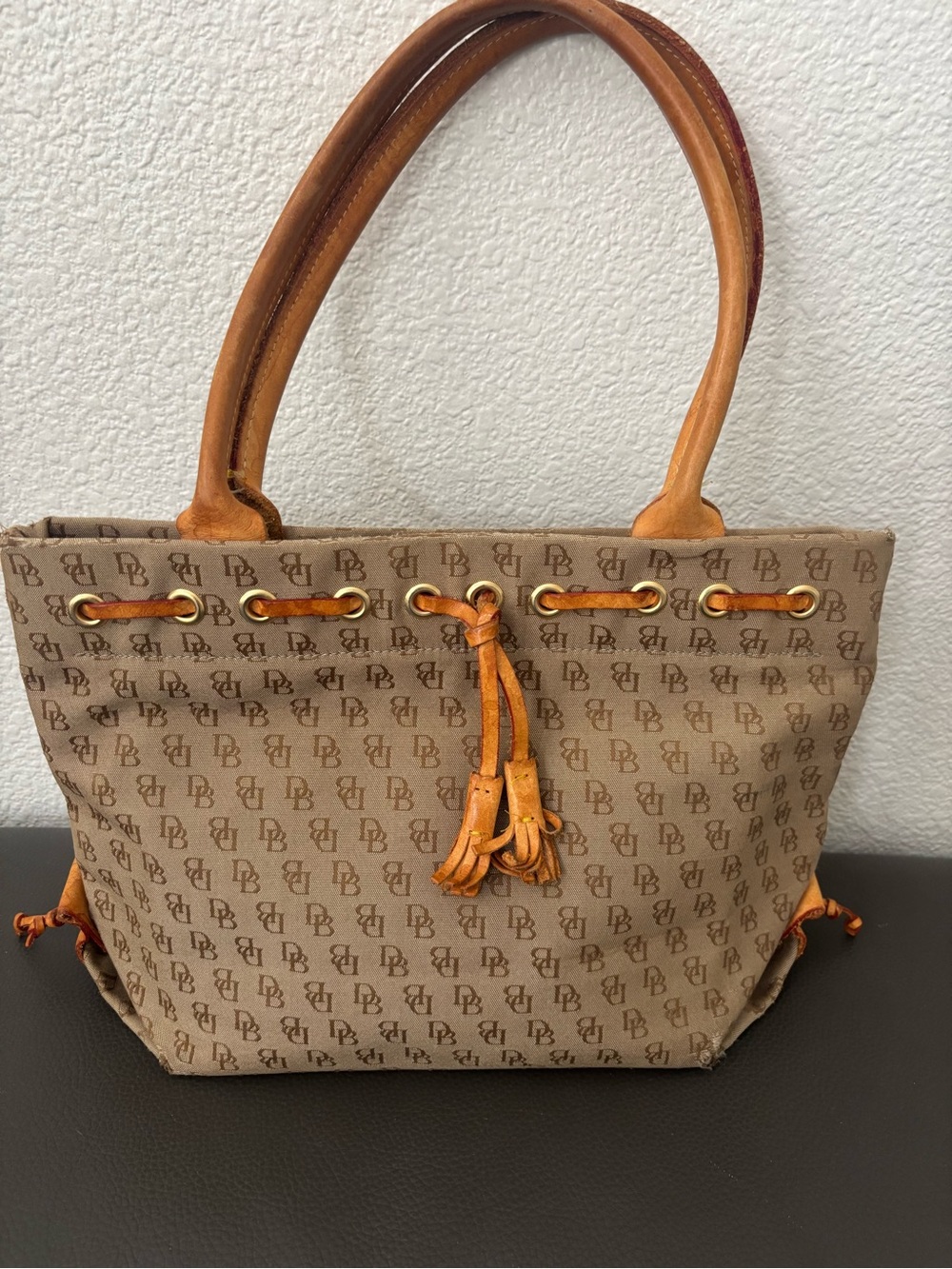 Dooney & Bourke Beige Logo Tote with Cognac Trim